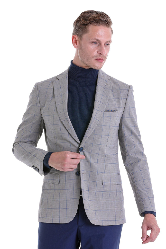 Slim Fit Notch Lapel Checked Wool Blend Beige Casual Suit -