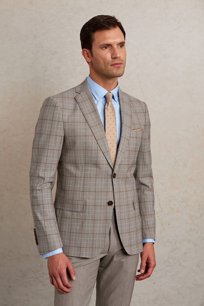 Slim Fit Notch Lapel Checked Wool Blend Beige Casual Suit