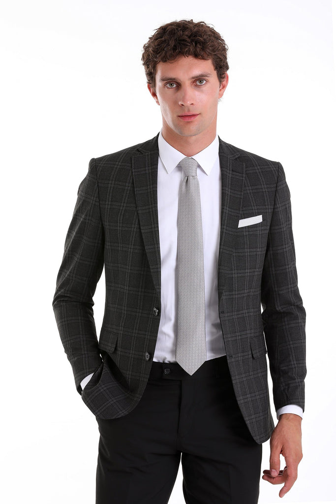 Slim Fit Notch Lapel Checked Wool Blend Charcoal Casual