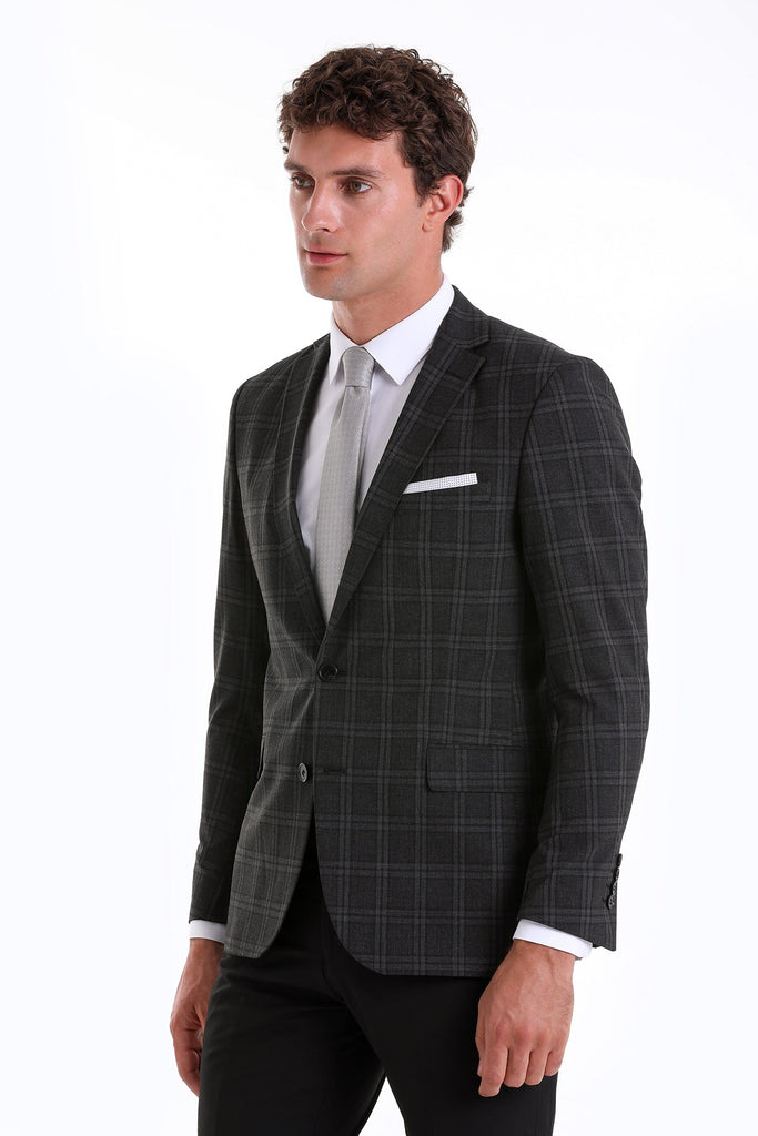 Slim Fit Notch Lapel Checked Wool Blend Charcoal Casual