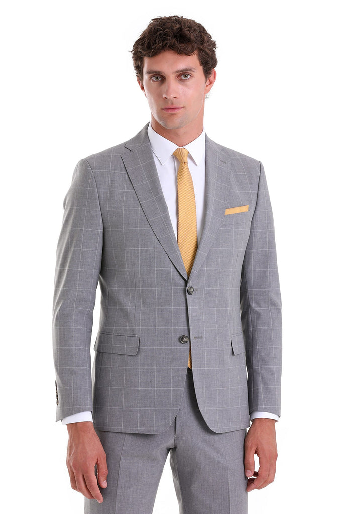 Slim Fit Notch Lapel Checked Wool Blend Gray Casual Suit