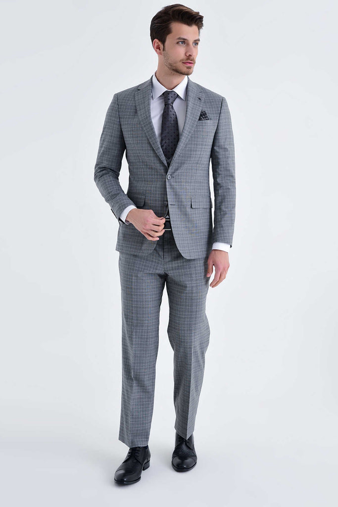 Slim Fit Notch Lapel Checked Wool Blend Gray Casual Suit