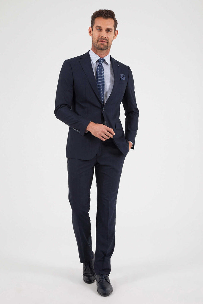 Slim Fit Notch Lapel Checked Wool Blend Navy Classic Suit