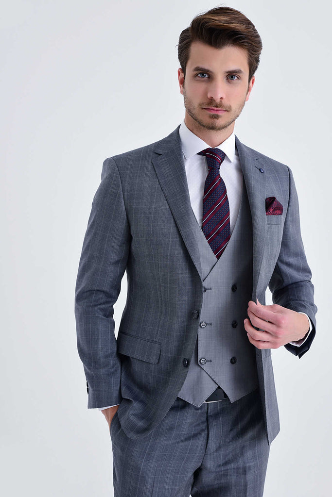 Slim Fit Notch Lapel Checked Wool Gray Casual Suit
