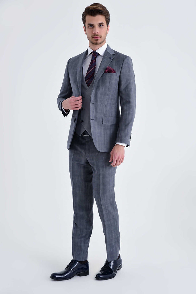 Slim Fit Notch Lapel Checked Wool Gray Casual Suit