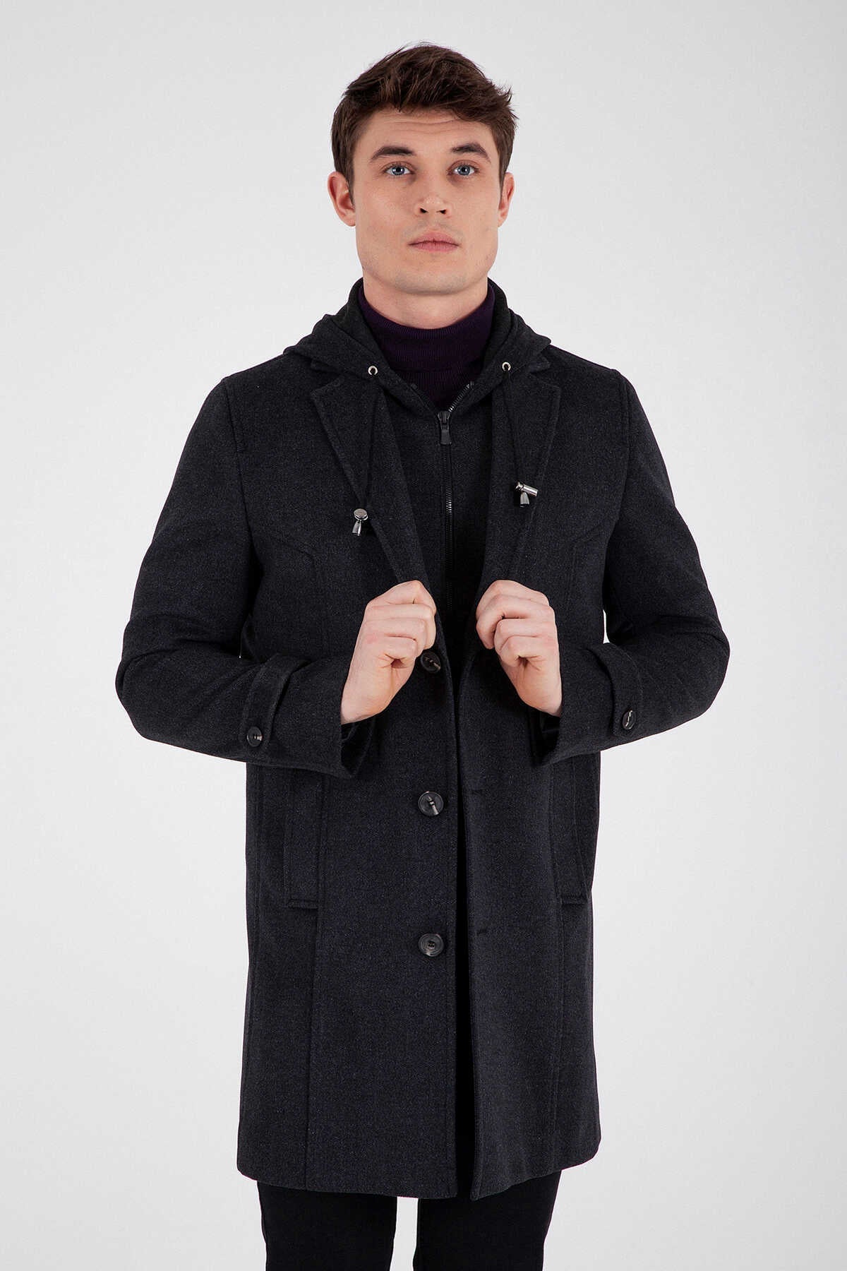 Slim Fit Notch Lapel Dark Gray Wool Overcoat - SAYKI