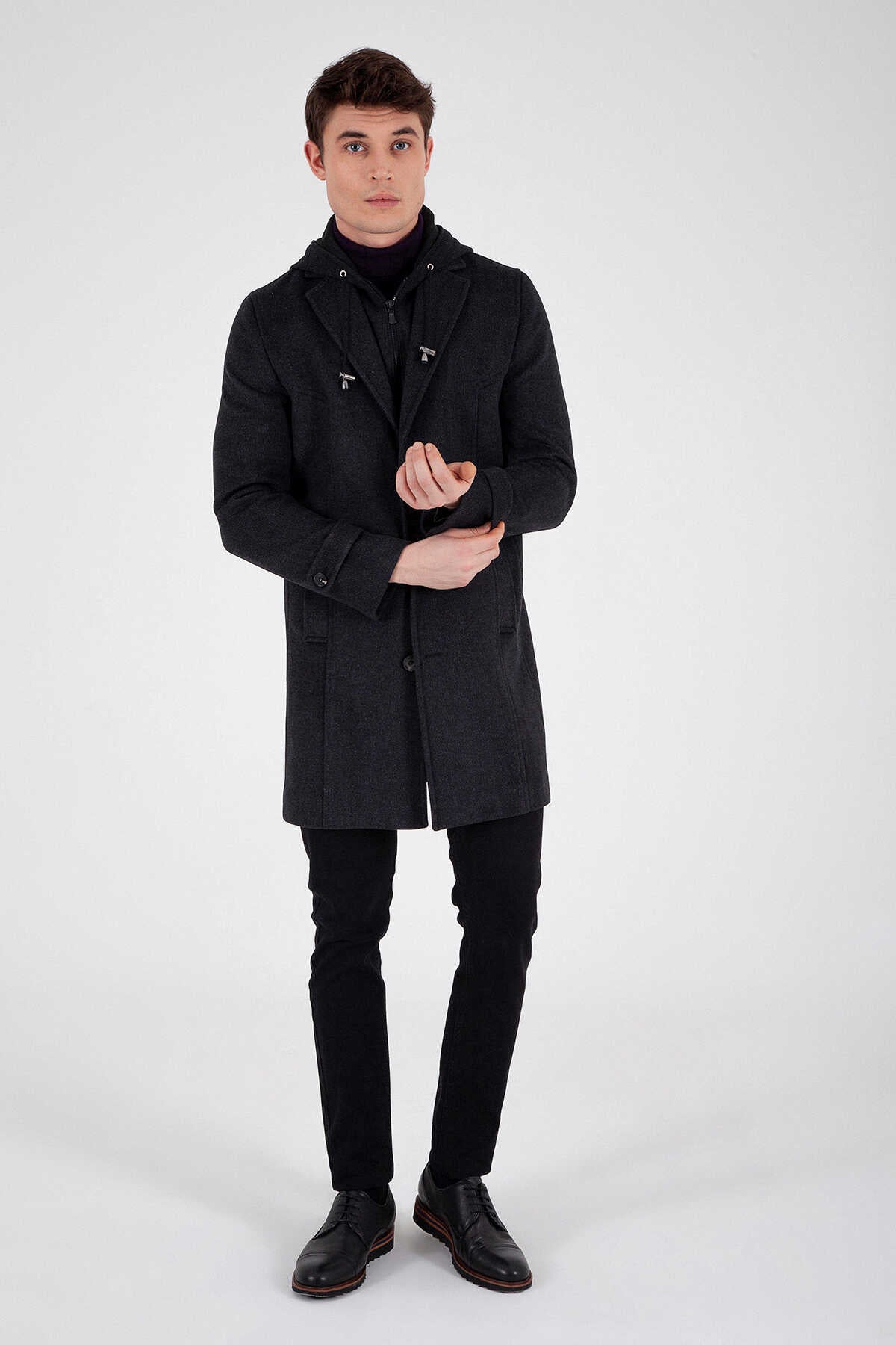 Slim Fit Notch Lapel Dark Gray Wool Overcoat - SAYKI