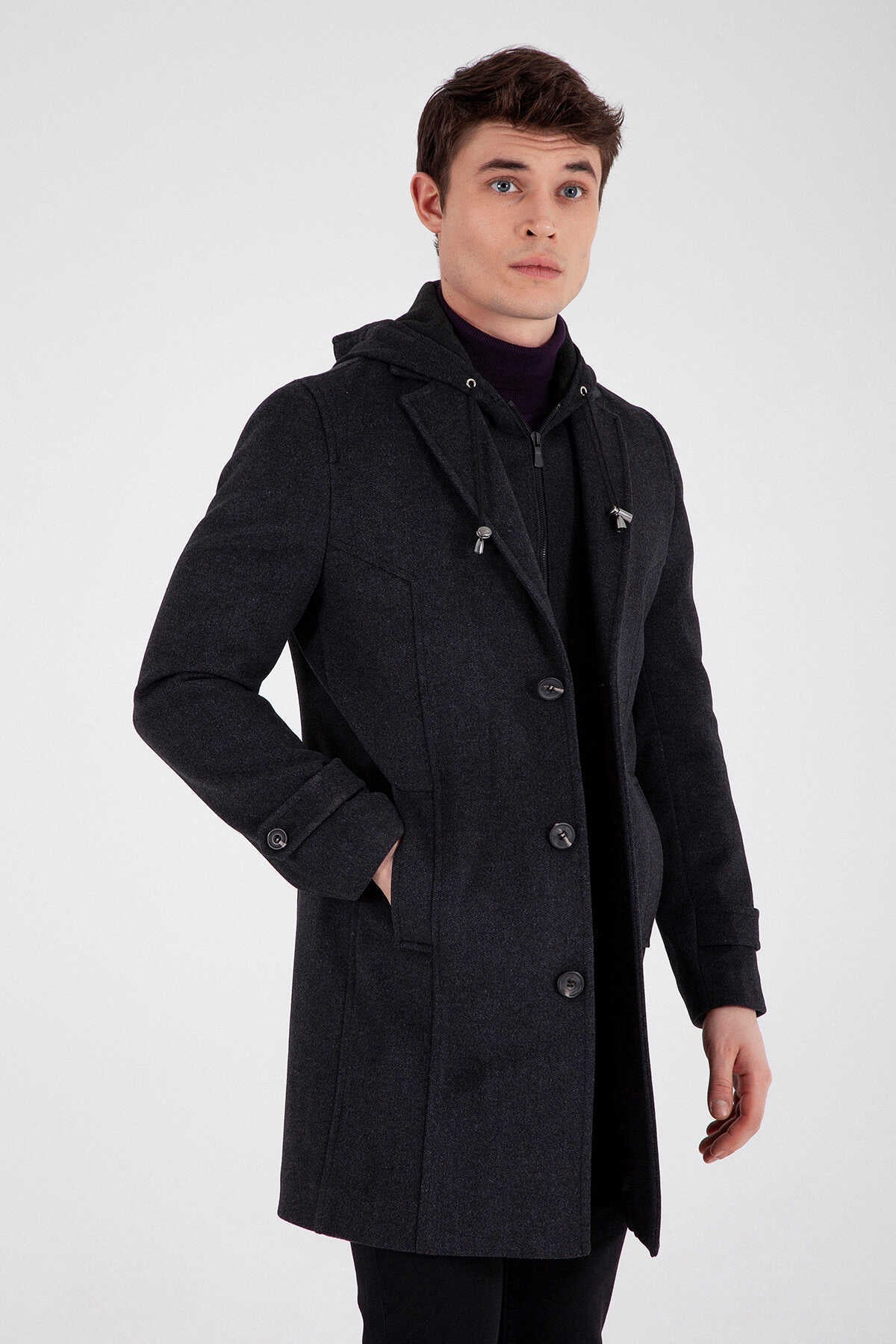 Slim Fit Notch Lapel Dark Gray Wool Overcoat - SAYKI