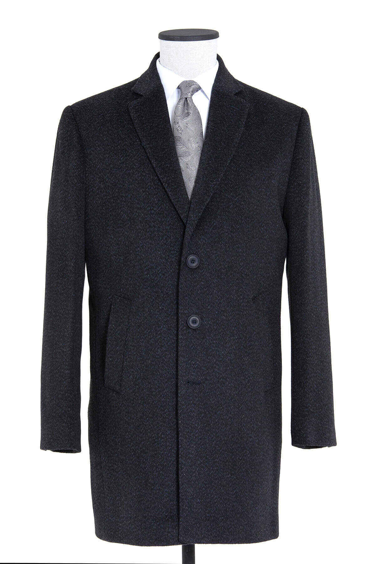 Slim Fit Notch Lapel Heathered Navy Wool Blend Overcoat – SAYKI