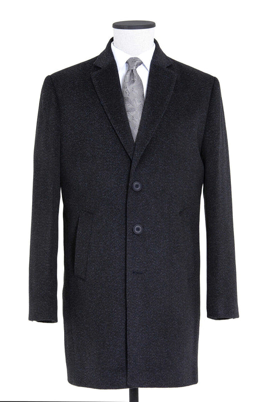 Black textured wool overcoat with notched lapels and three dark buttons.