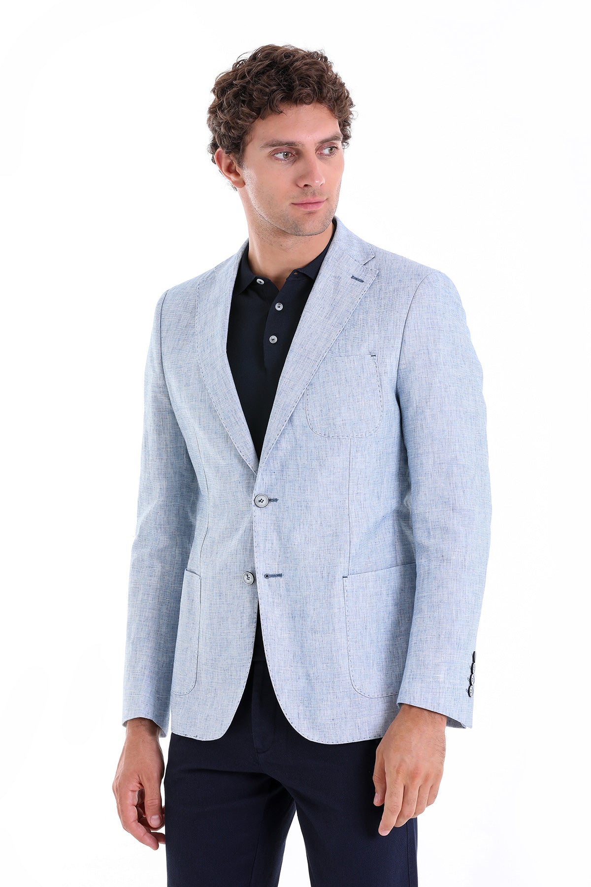 Light blue textured blazer with subtle pattern and two-button closure.