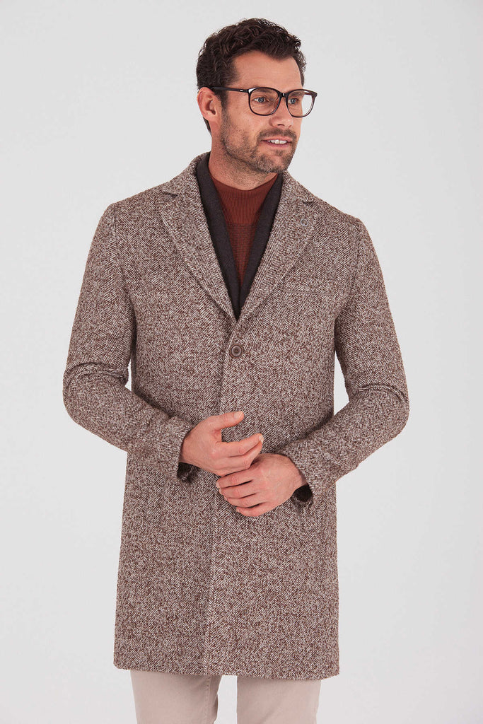 Slim Fit Notch Lapel Kanyon Wool Blend Brown Overcoat - MIB