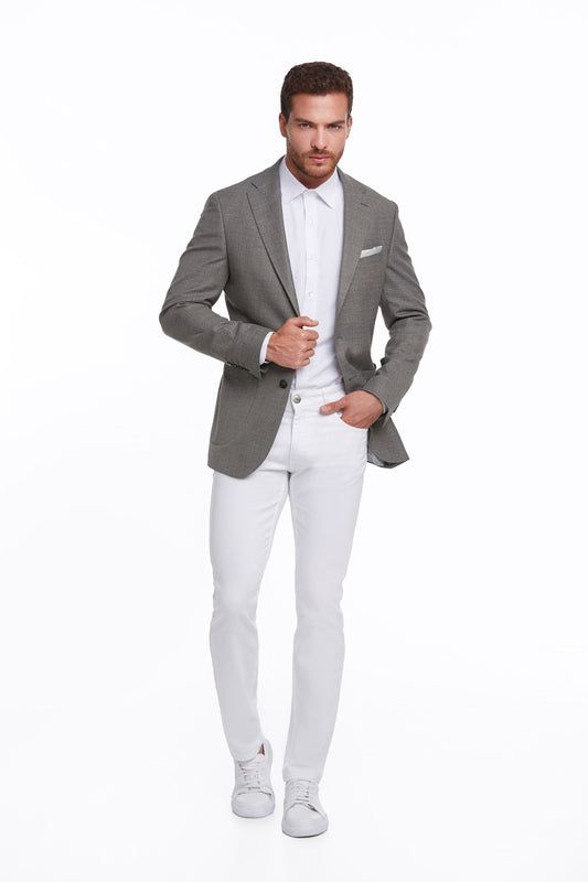 A tailored gray blazer with a subtle texture and two-button closure.