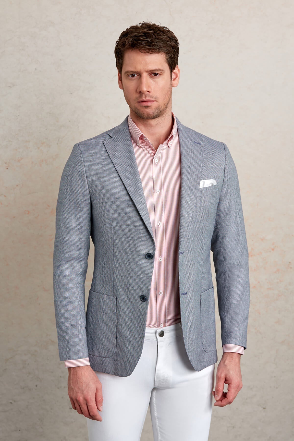 Slim Fit Notch Lapel Light Blue Casual Blazer - SAYKI
