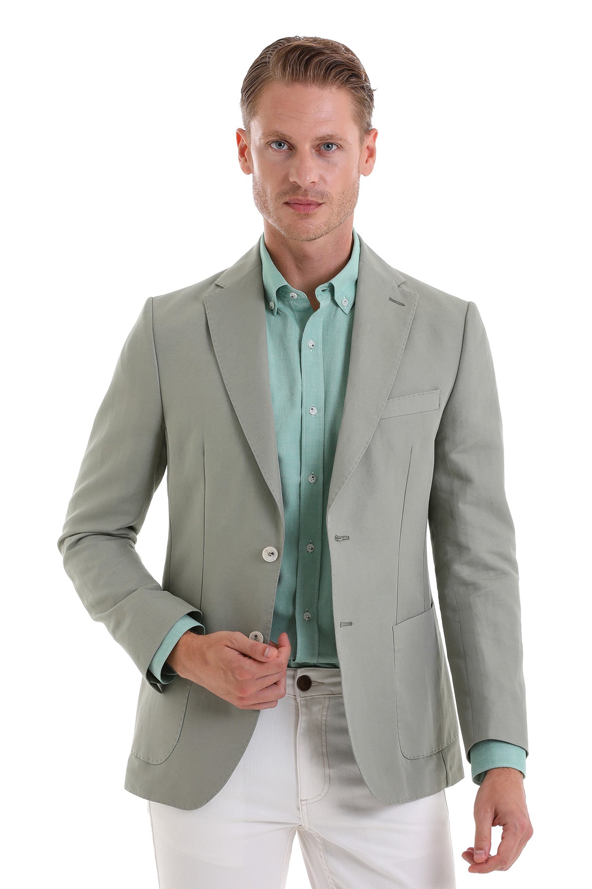 Slim Fit Notch Lapel Light Green Linen Casual Blazer 36 / 6 / Green
