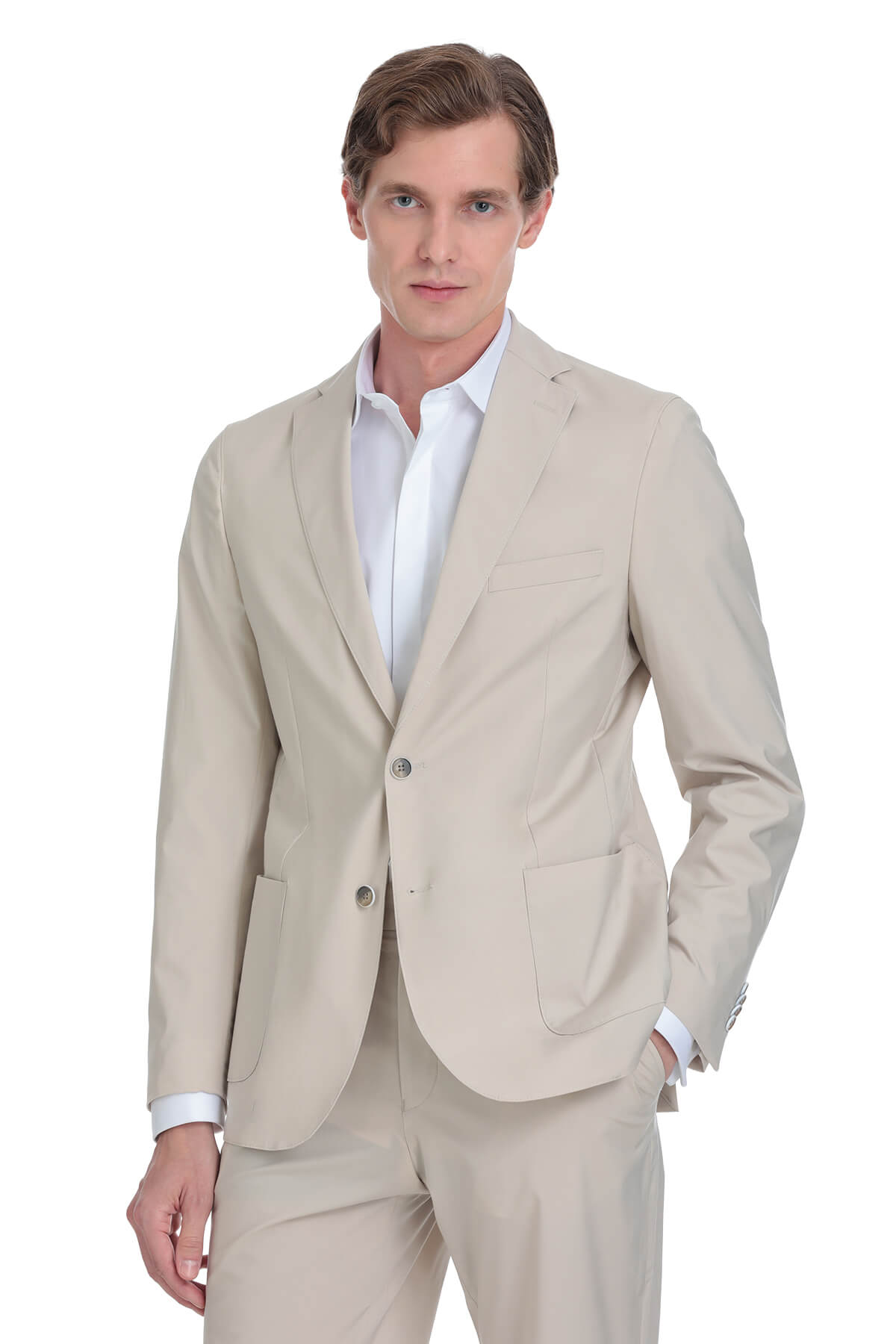 Beige two-button suit jacket with a tailored fit and subtle texture.