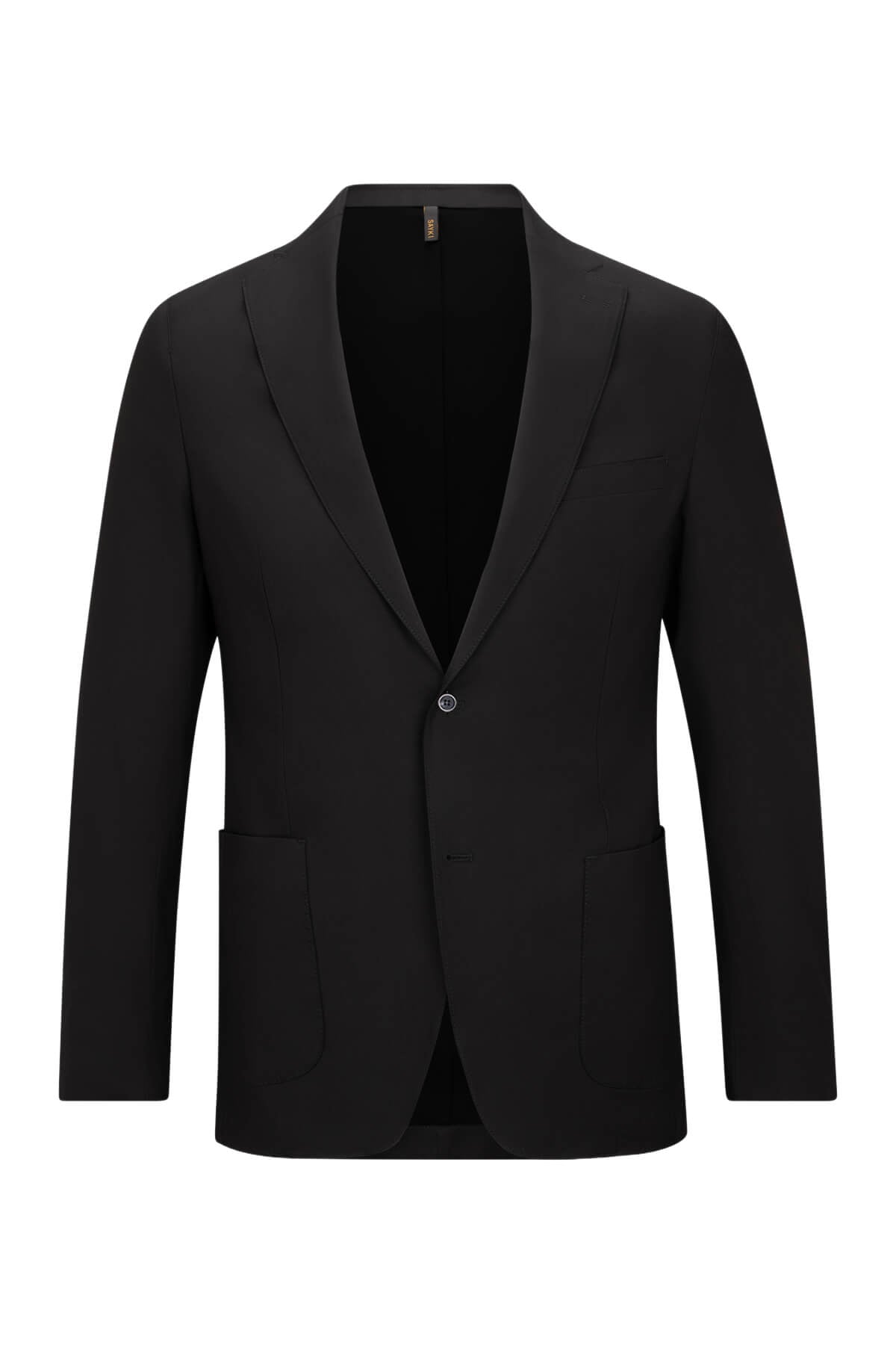 Black single-breasted blazer with a sleek, tailored fit and subtle texture.