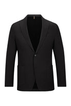 Black single-breasted blazer with a sleek, tailored fit and subtle texture.