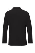 Black tailored blazer with a sleek, modern cut and subtle button detailing on the cuffs.