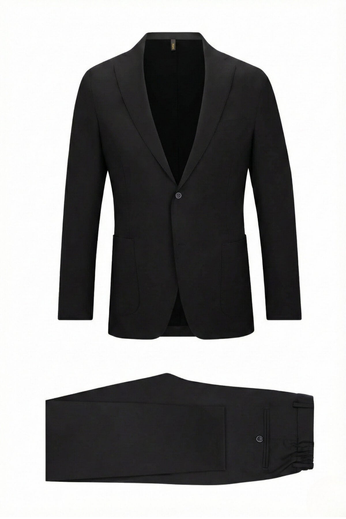 Black tailored suit jacket with a single button closure and matching black trousers.