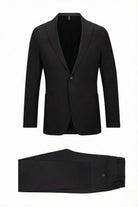 Black tailored suit jacket with a single button closure and matching black trousers.