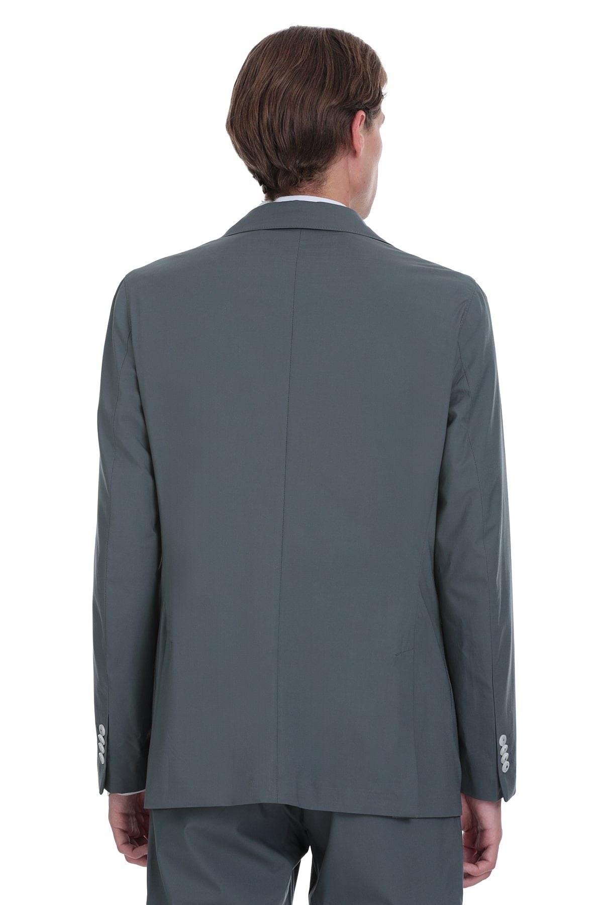 A sleek, charcoal-gray tailored suit jacket with a classic double-breasted design and subtle button detailing on the cuffs.