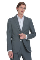 A tailored charcoal gray suit jacket with a sleek, modern cut and subtle texture.