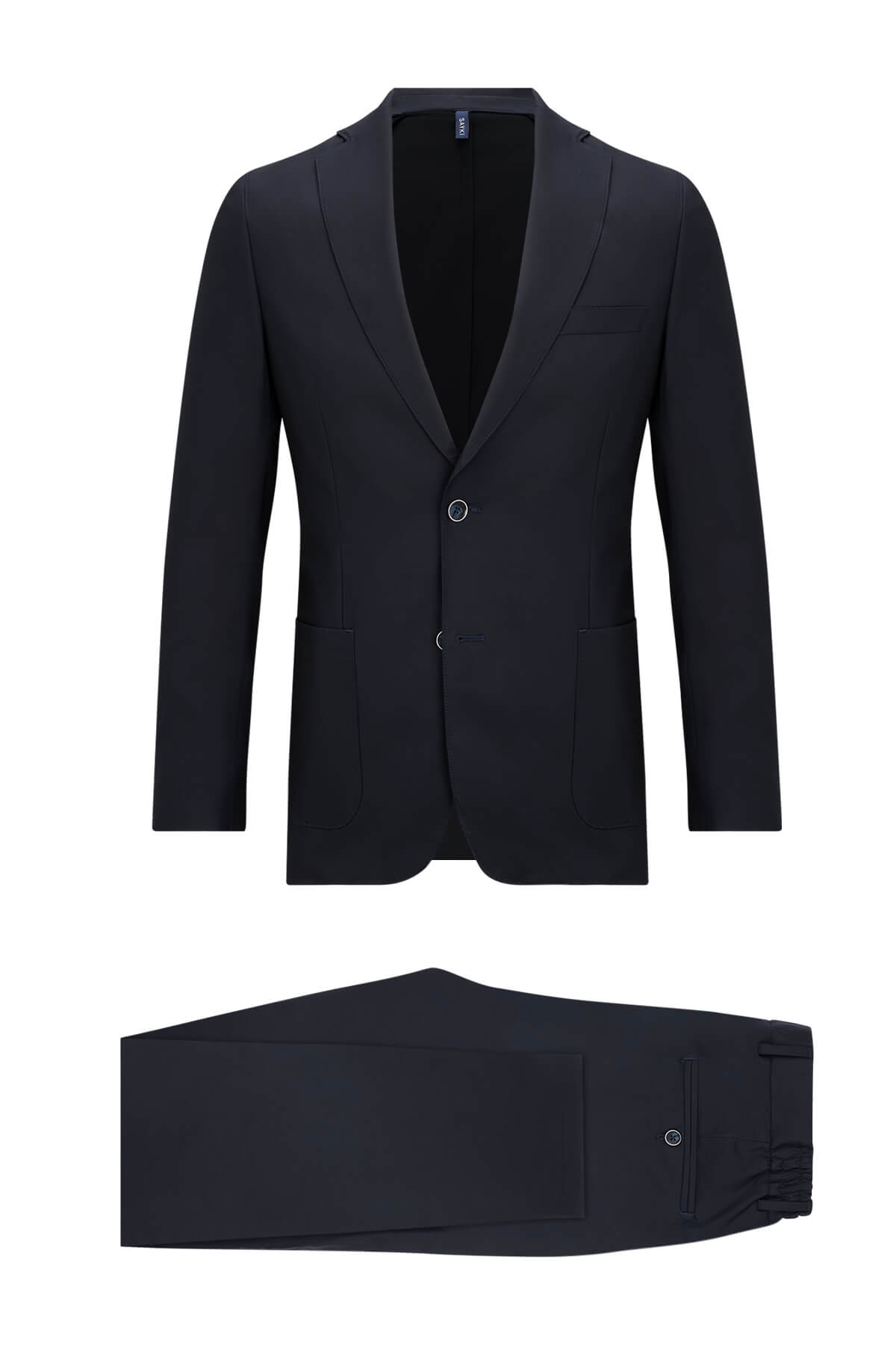 Black tailored suit with a single-breasted jacket and matching trousers, featuring subtle stitching details.
