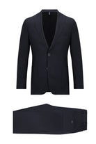 Black tailored suit with a single-breasted jacket and matching trousers, featuring subtle stitching details.