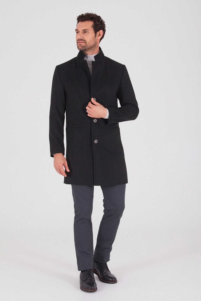 Slim Fit Notch Lapel Madrid Black Overcoat - MIB