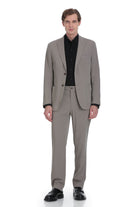 A tailored gray suit with a sleek, modern cut and subtle texture.