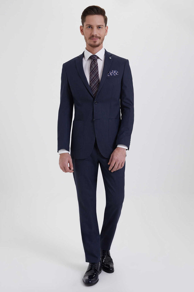 Slim Fit Notch Lapel Navy Casual Suit - MIB