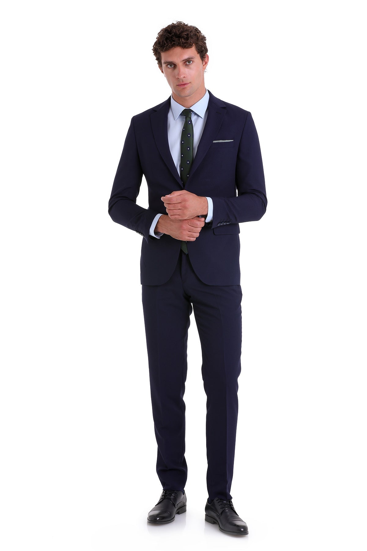 Navy blue tailored suit with a subtle sheen and structured fit