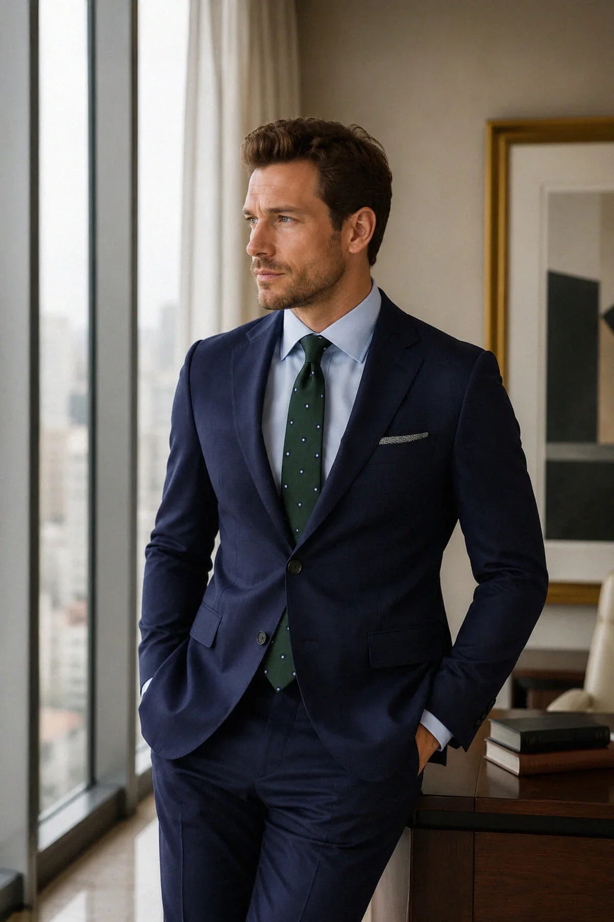 Slim fit notch lapel navy classic suit with matching vest and trousers paired with light blue shirt and dark green tie