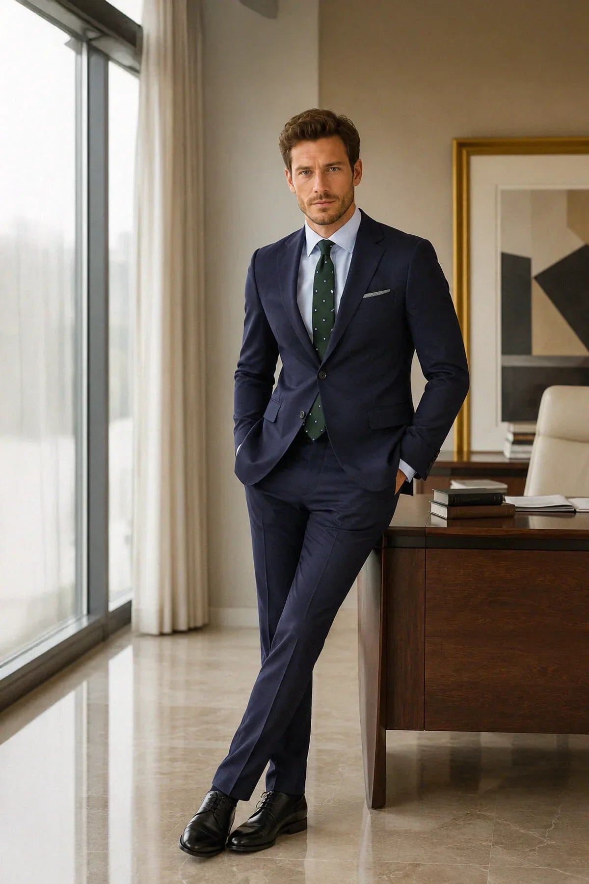 A slim fit navy classic suit with notch lapel, matching vest and trousers, paired with light blue shirt and dark green tie