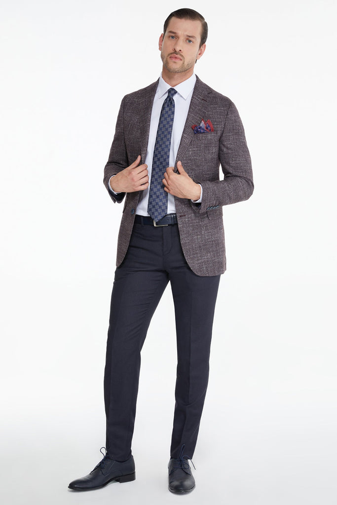 Slim Fit Notch Lapel Patterned Burgundy Casual Suit - MIB