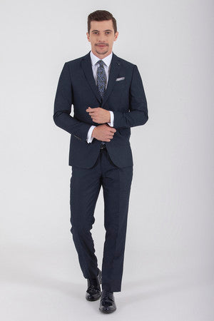 Slim Fit Notch Lapel Patterned Dark Navy Classic Suit - MIB