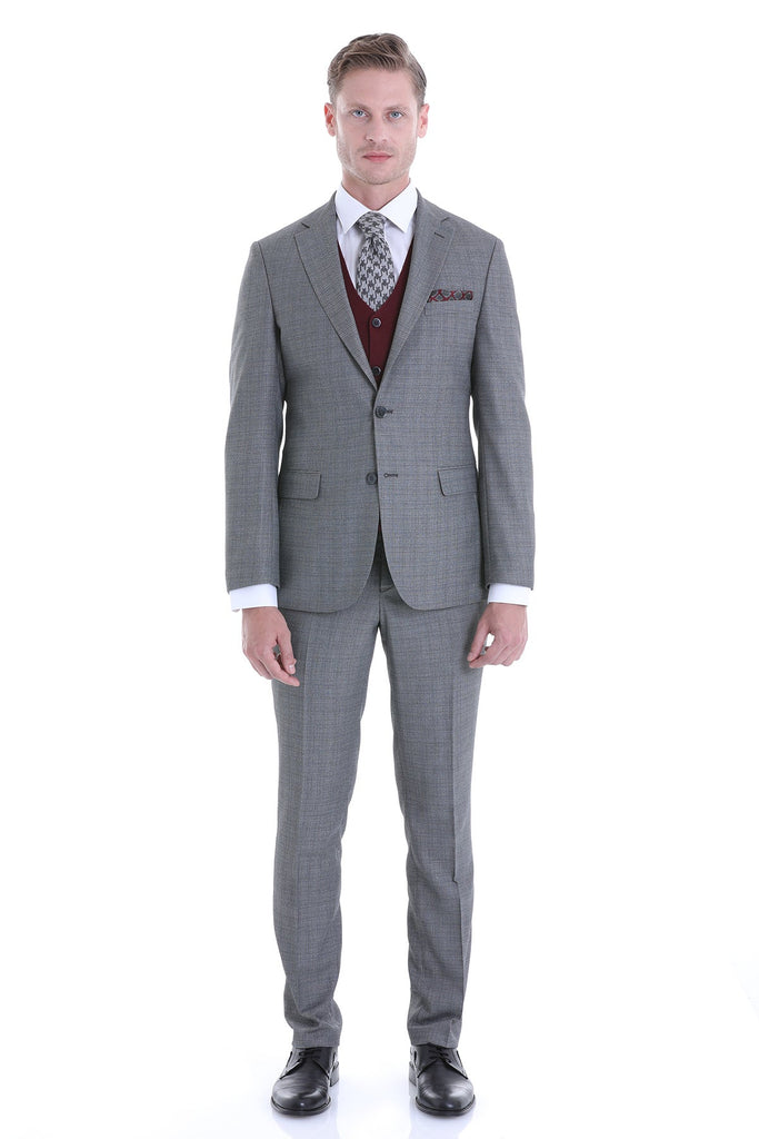 Slim Fit Notch Lapel Patterned Gray Classic Suit - Classic