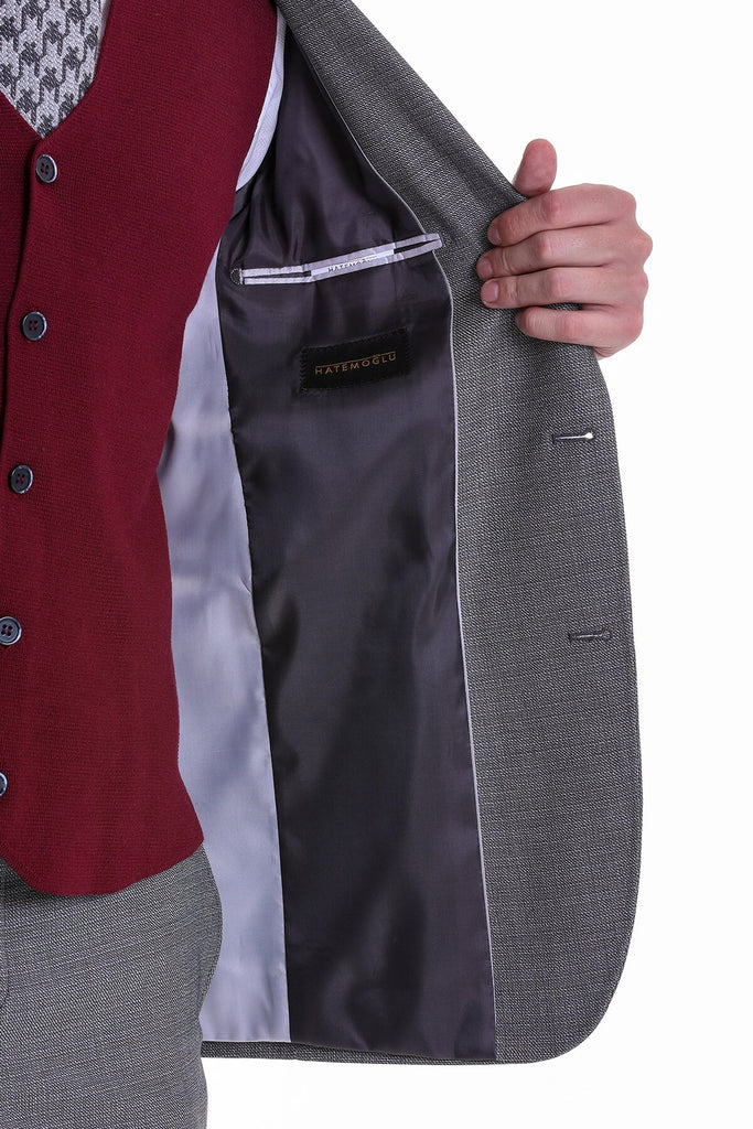 Slim Fit Notch Lapel Patterned Gray Classic Suit - MIB