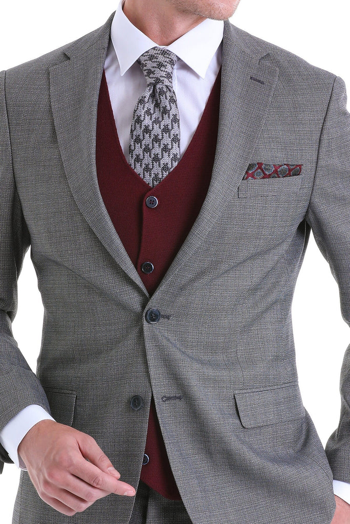 Slim Fit Notch Lapel Patterned Gray Classic Suit - MIB