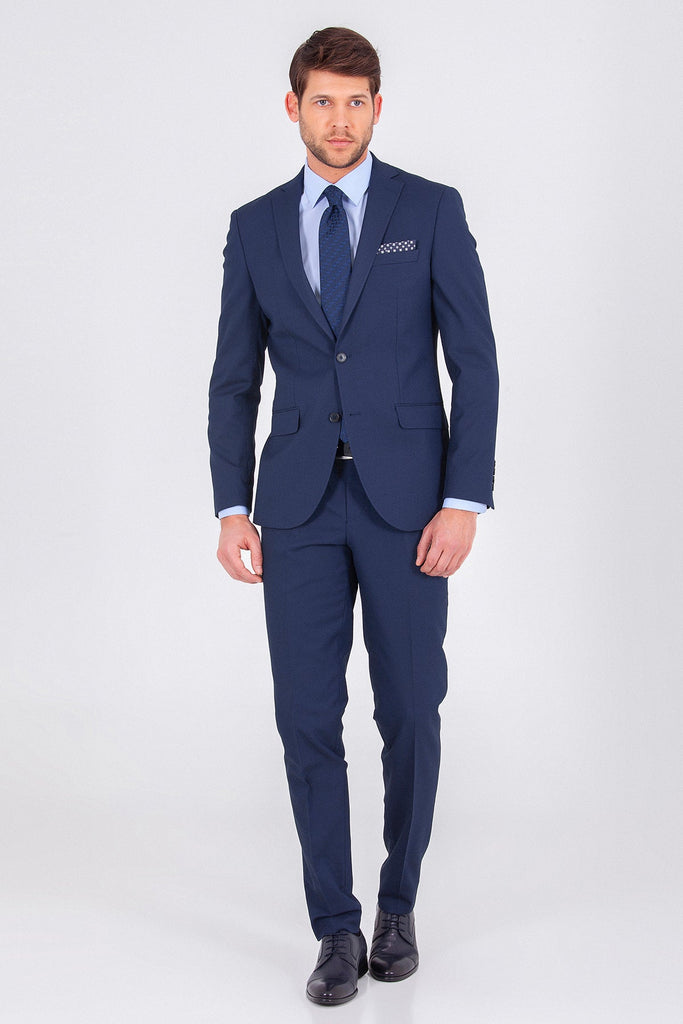 Slim Fit Notch Lapel Patterned Navy Casual Suit - MIB