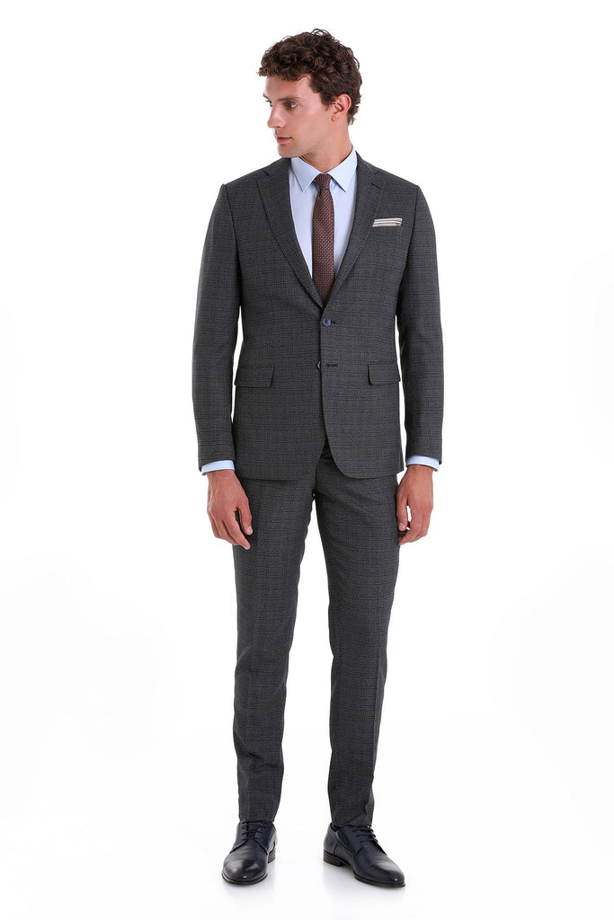 Slim Fit Notch Lapel Patterned Navy Classic Suit - MIB