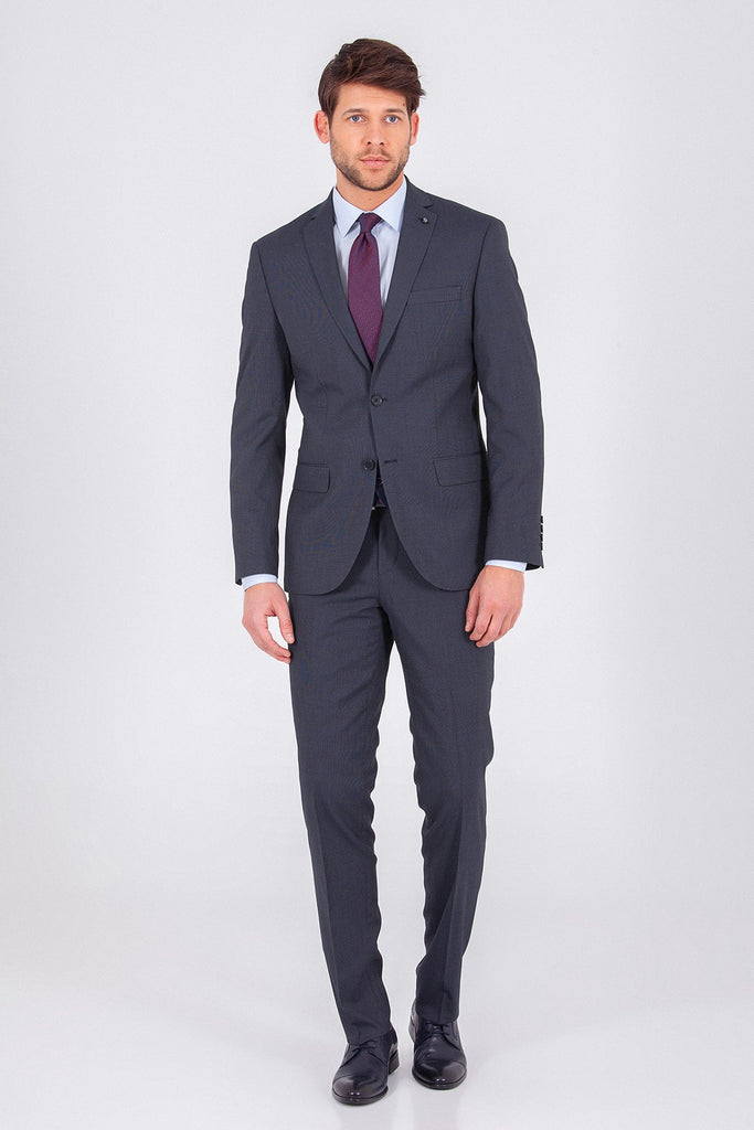 Slim Fit Notch Lapel Patterned Navy Classic Suit with Vest