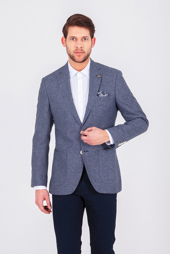 Slim Fit Notch Lapel Patterned Wool Blend Navy Casual