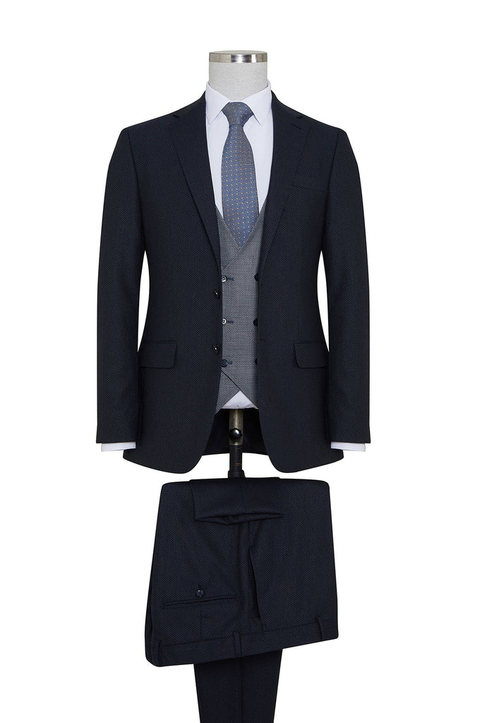 Slim Fit Notch Lapel Patterned Wool Blend Navy Casual Suit