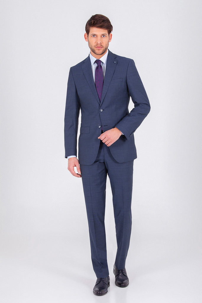 Slim Fit Notch Lapel Patterned Wool Navy Classic Suit - MIB