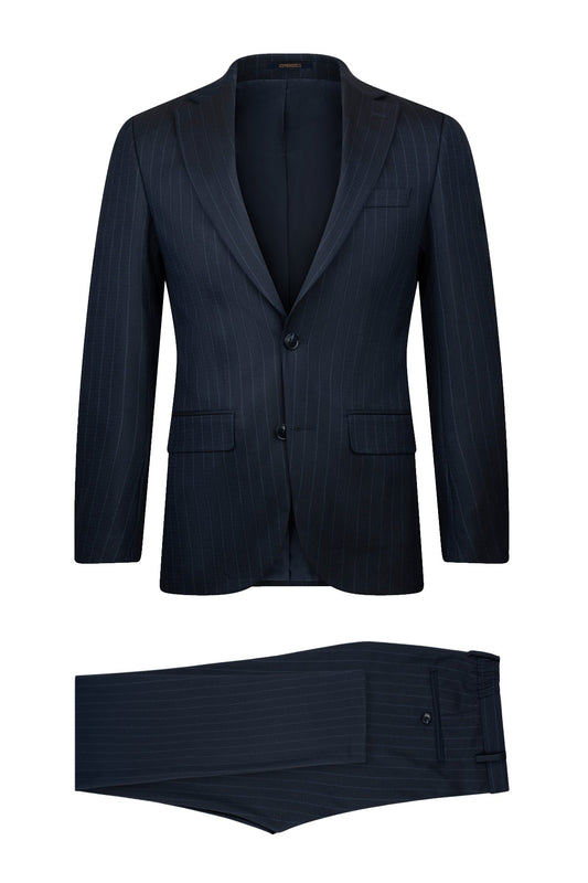 Navy blue pinstripe suit with two-button jacket and matching trousers