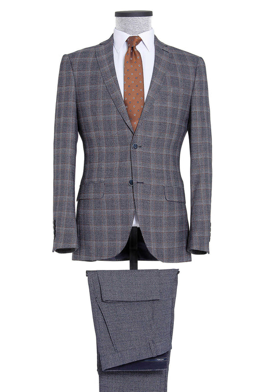 Slim Fit Notch Lapel Plaid Check Navy Casual Suit - SAYKI