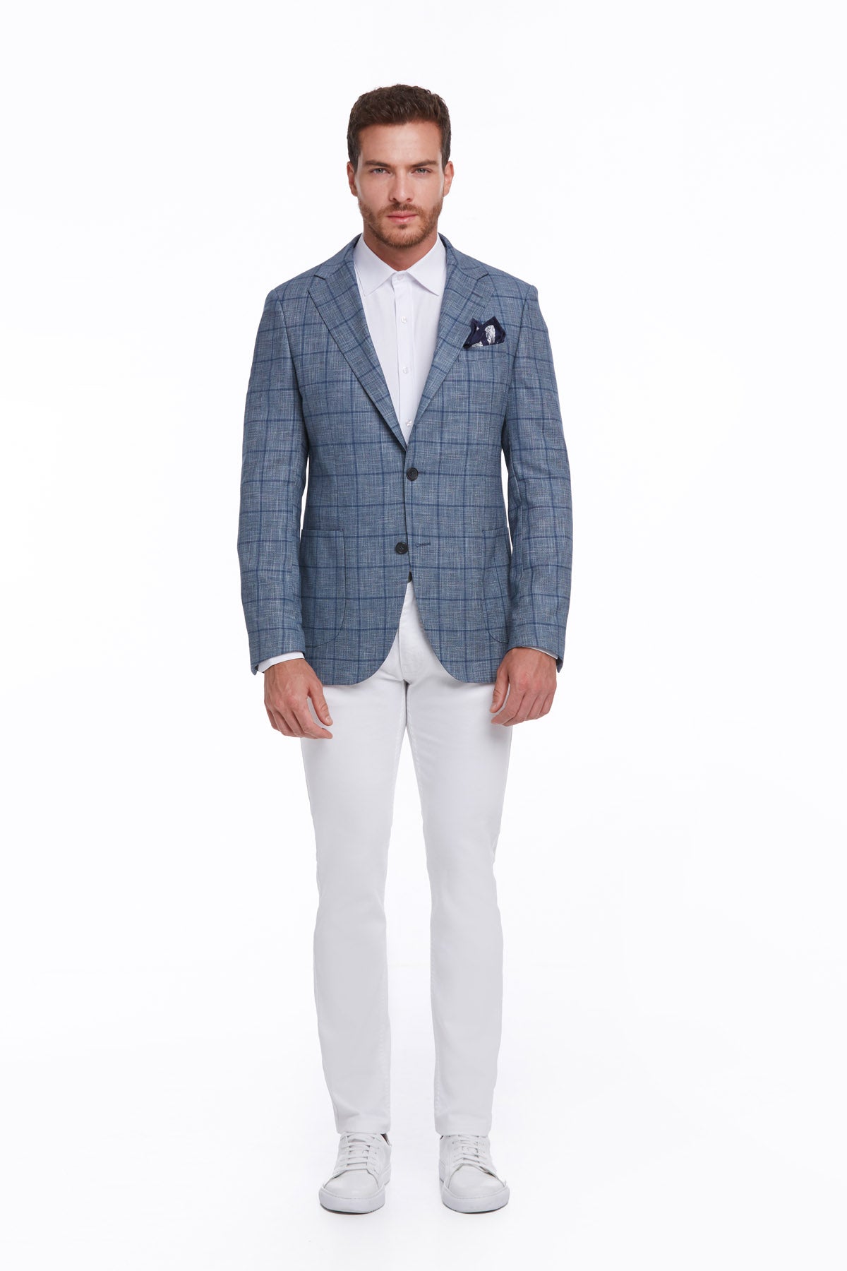 Slim Fit Notch Lapel Plaid Linen Blue Classic Blazer - SAYKI