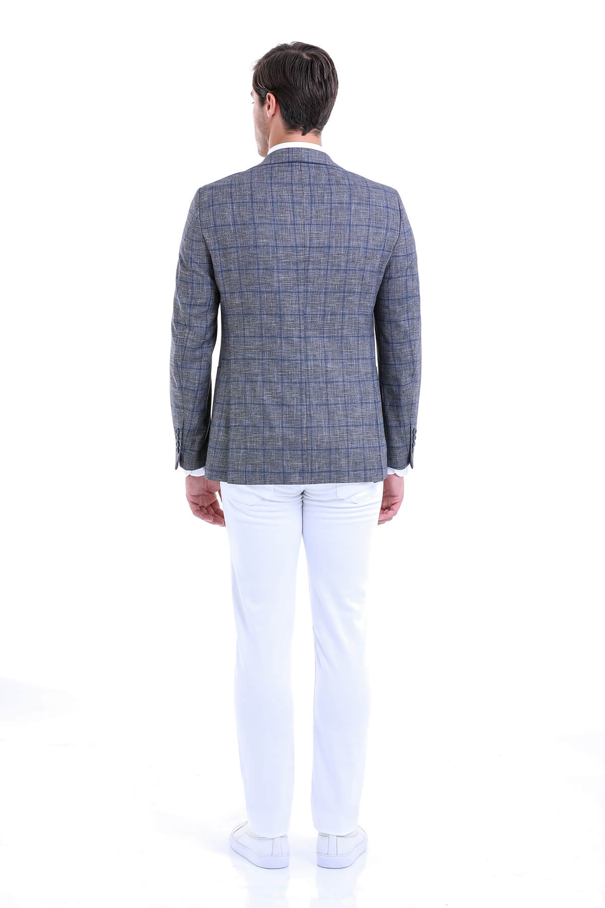 Slim Fit Notch Lapel Plaid Linen Navy Classic Blazer - SAYKI